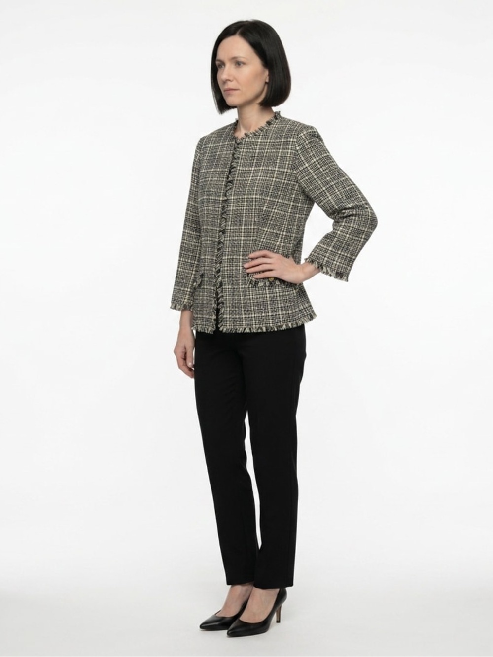 Kasper Women’s Tweed Vintage Blazer Black White Yellow Size 16 Fringe Detail